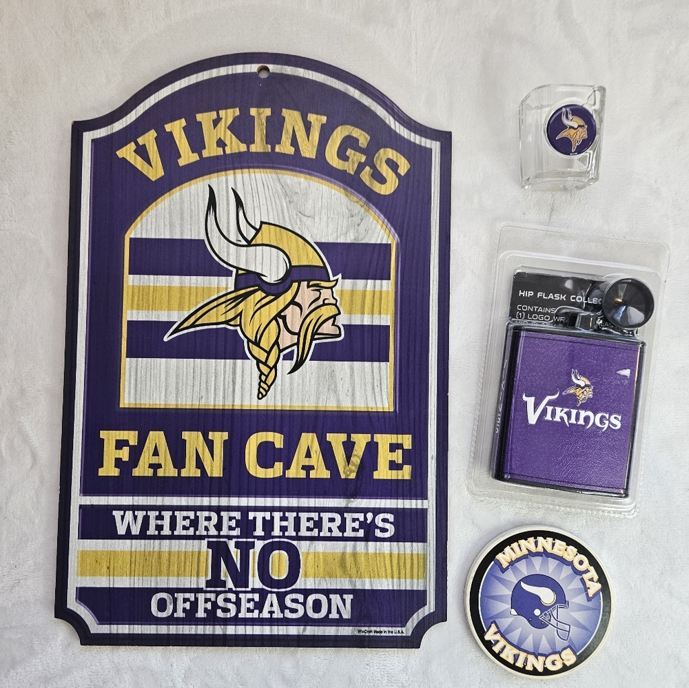 NFL Minnesota Vikings Fan Man Cave Lot Sign, Coaster, Shot Glass, Flask EUC